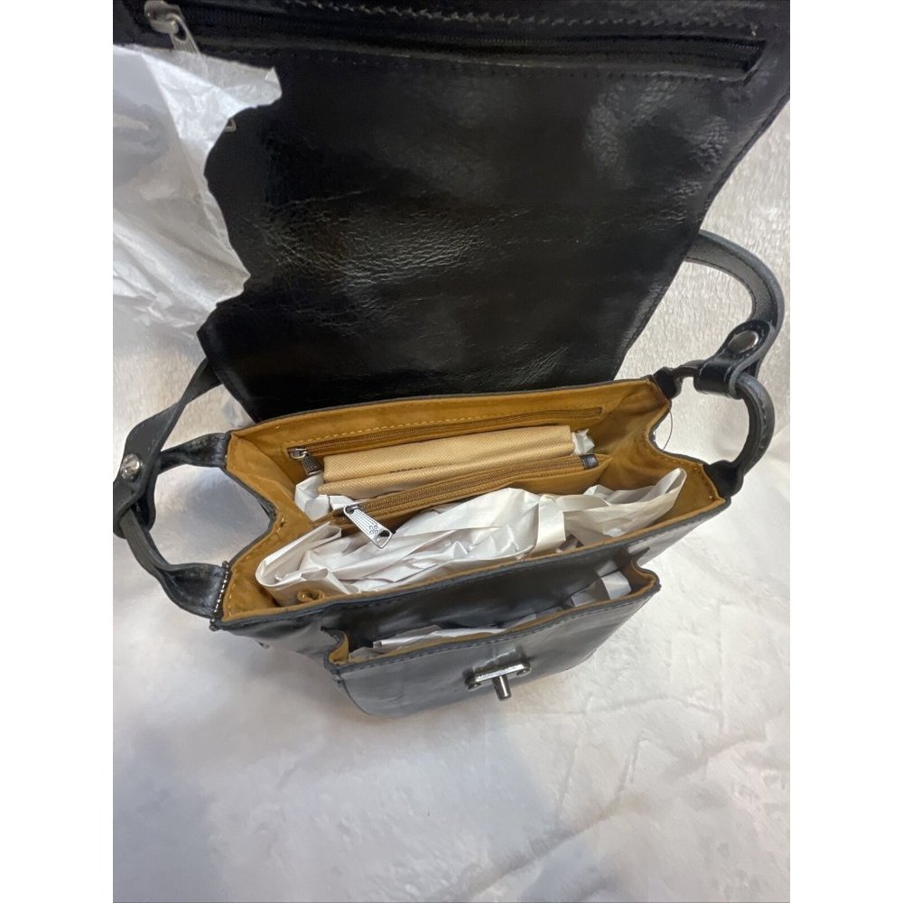 Patricia Nash Leather Leandra Flap Natural and Black Crossbody Handbag Purse - Picture 12 of 12